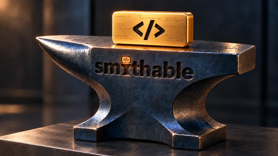 An anvil with Smithable on its side and a gold bar marked </> on top
